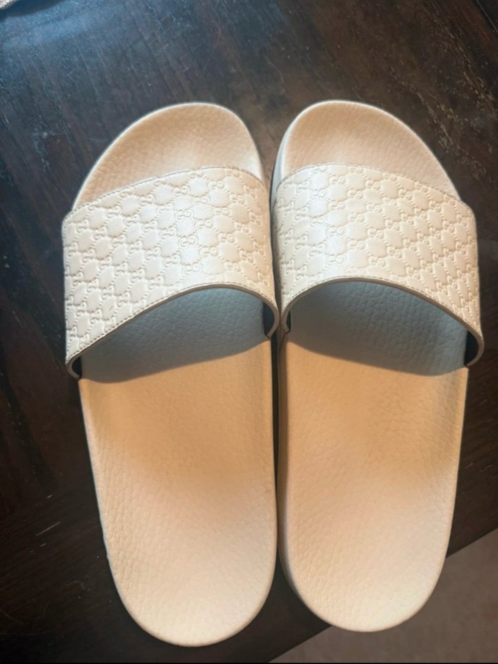 Gucci White Embossed Logo Slide Sandals
